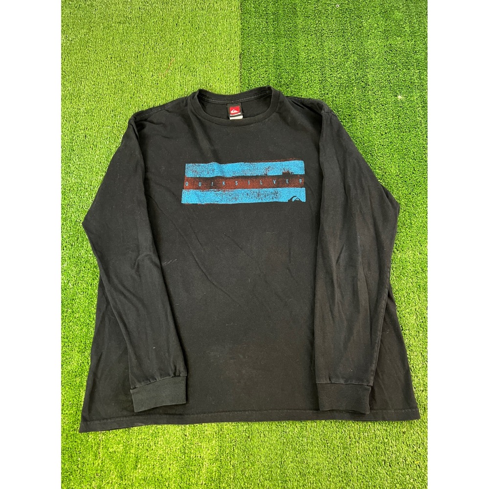 Quiksilver Mens XL Long Sleeve Graphic T-Shirt Black Distressed Logo Crewneck